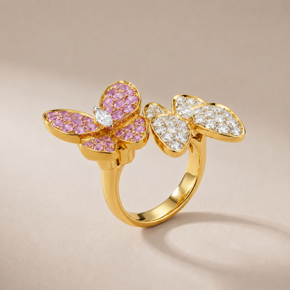 Two Butterfly Pavé Pink Sapphire Ring