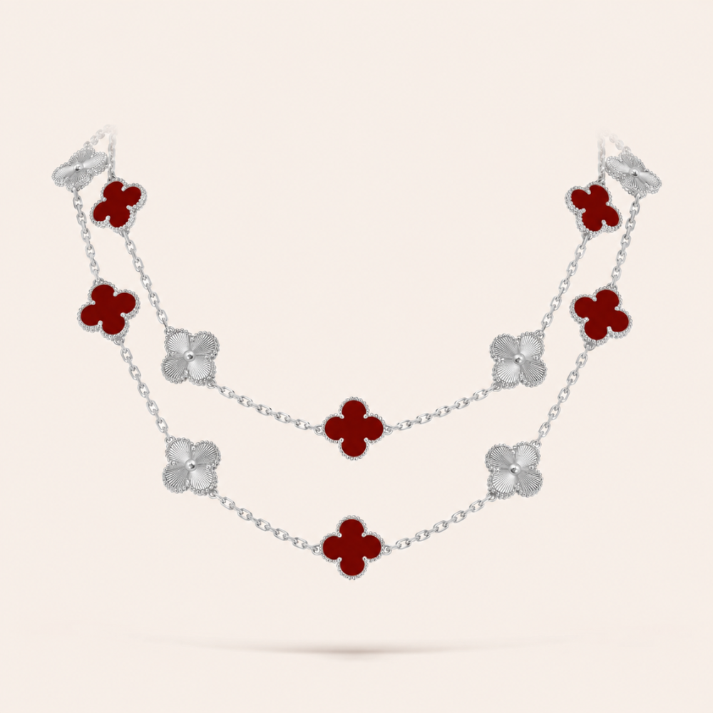 Twenty-Motif Carnelian & Guilloché Clover Long Necklace