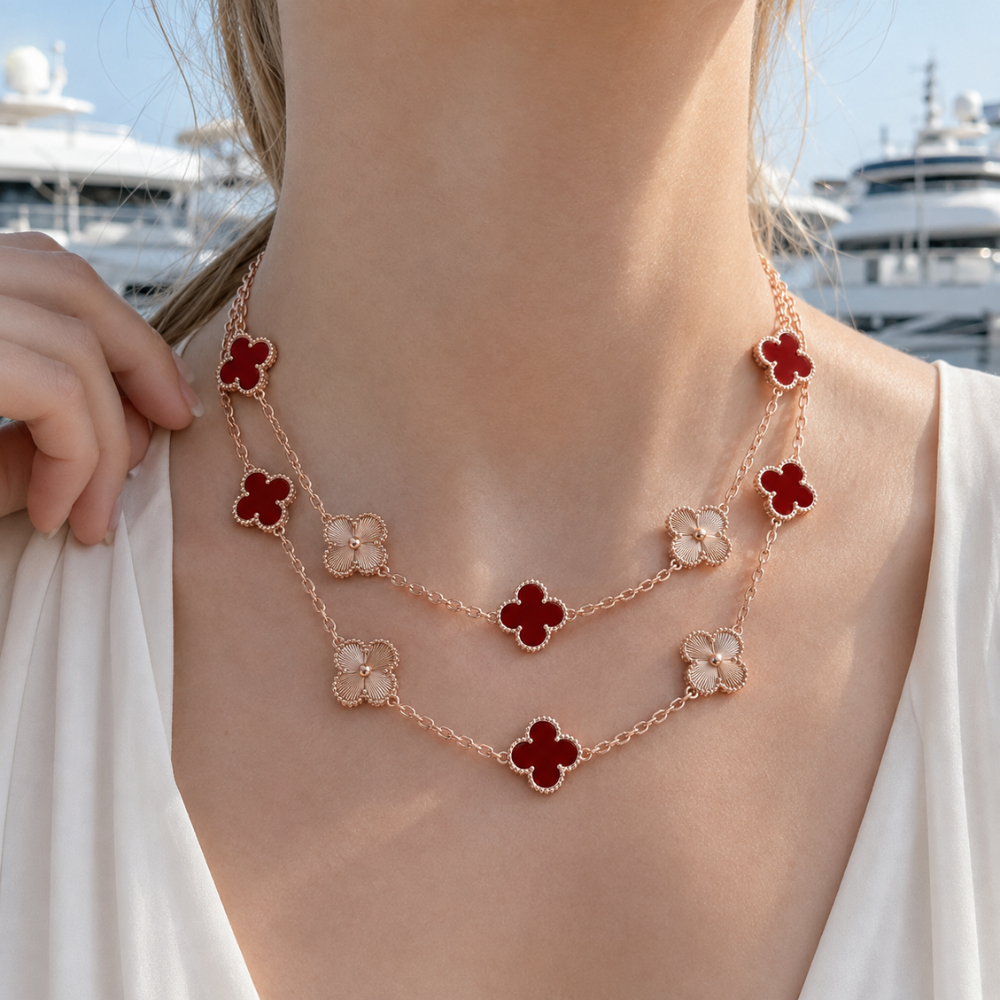 Twenty-Motif Carnelian & Guilloché Clover Long Necklace