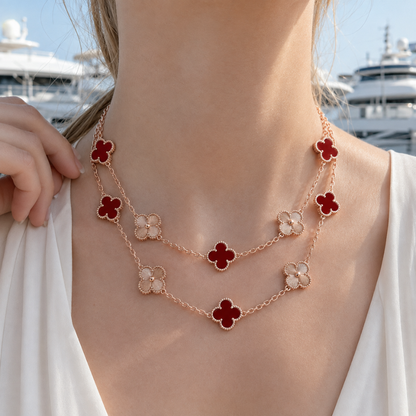 Twenty-Motif Carnelian & Guilloché Clover Long Necklace
