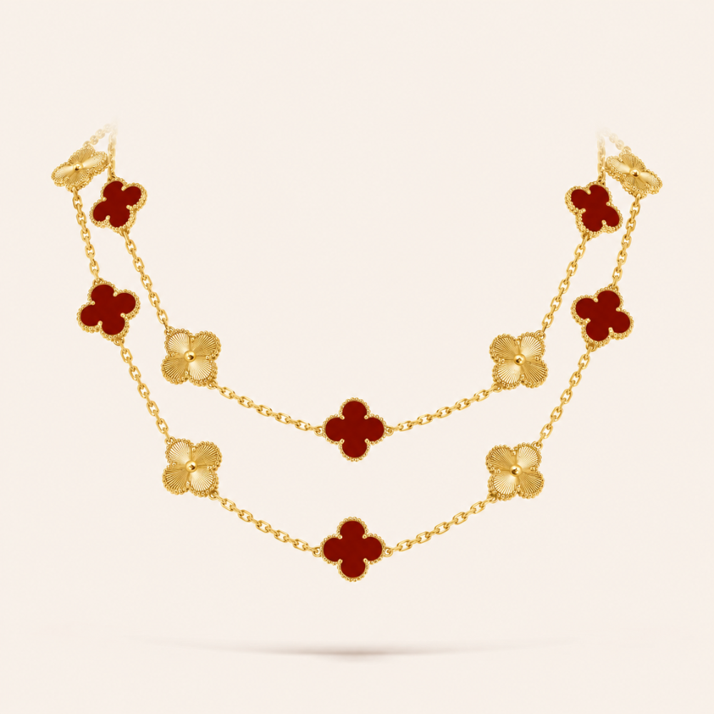 Twenty-Motif Carnelian & Guilloché Clover Long Necklace