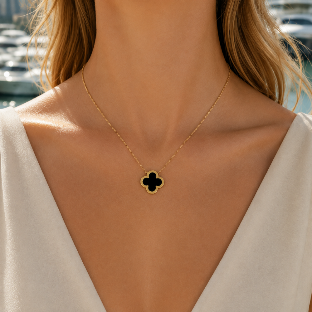 Pure Black Onyx Clover Pendant Necklace