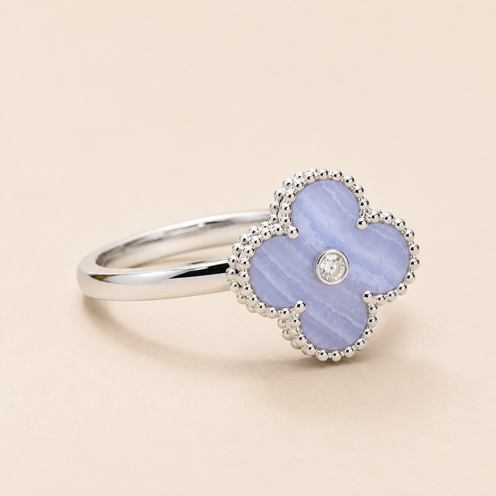 Chalcedony Clover Ring with CZ Center