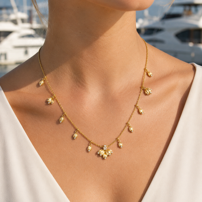 Floral Bud Drop Necklace with CZ Accents