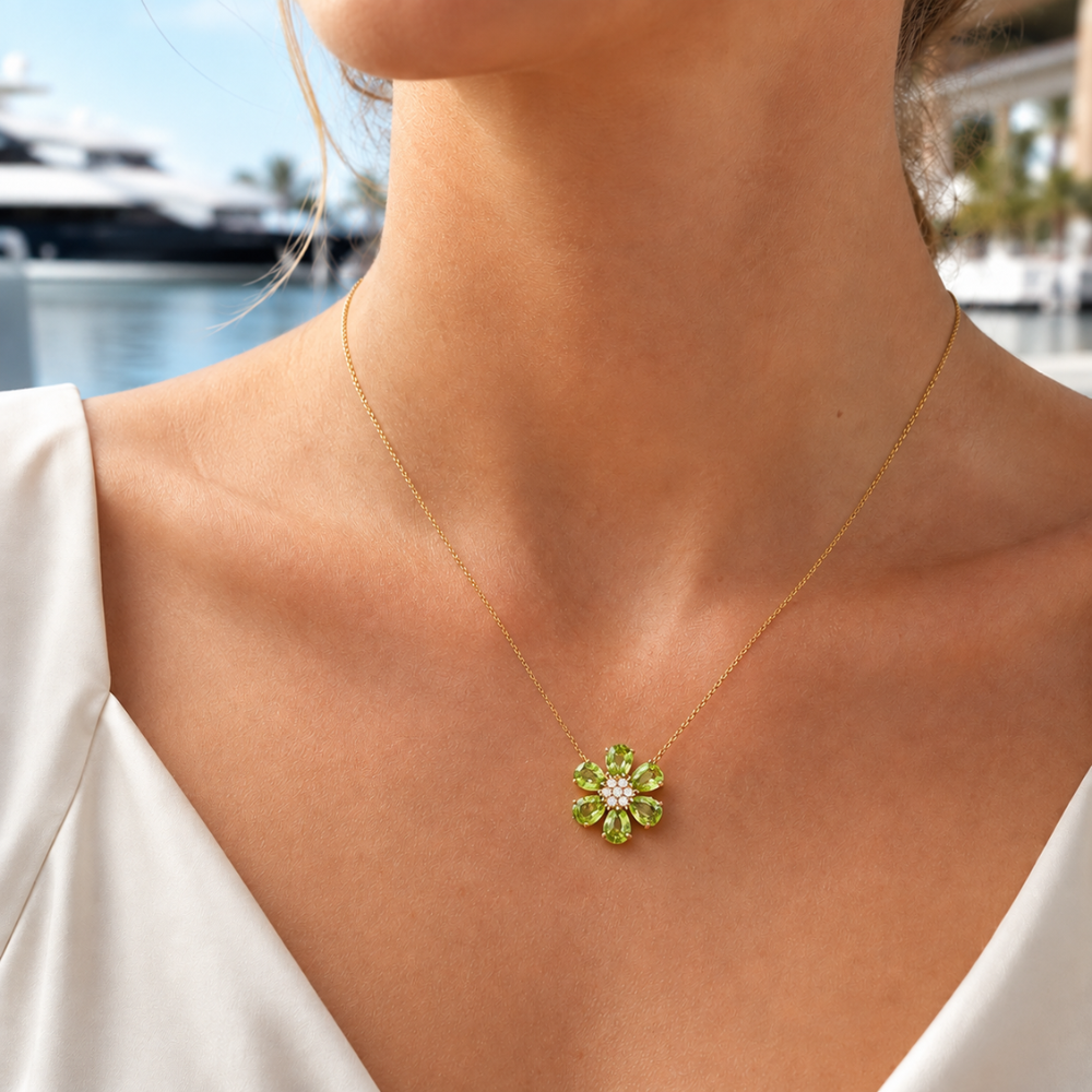 Green Gemstone Floral Pendant Necklace