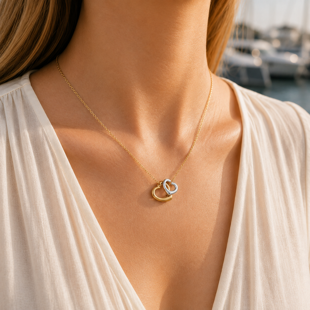 Two-Tone Interlocking Heart Pendant Necklace