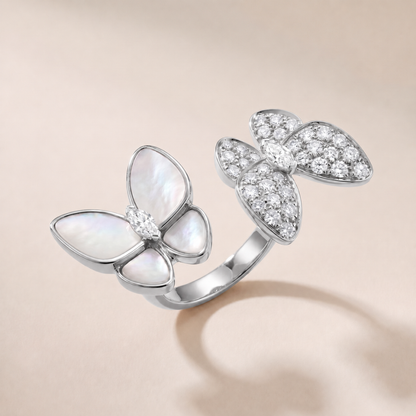 Two Butterfly Between The Finger Pearl Pavé Ring