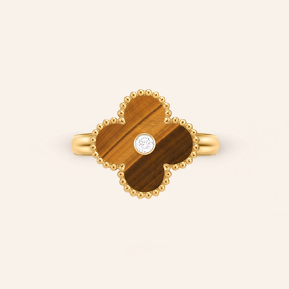 Tiger Eye Clover Ring with CZ Center