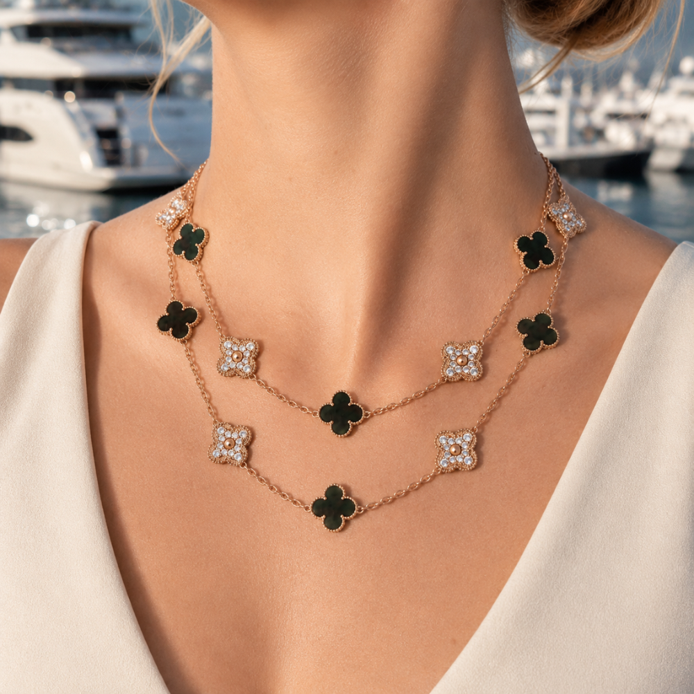Twenty-Motif Gray Clover & Pavé Long Necklace