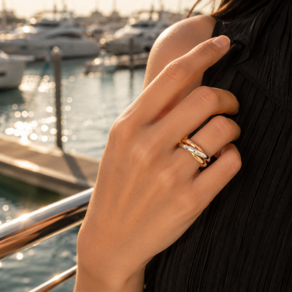 Tri-Color Interlocking Ring with CZ Accents