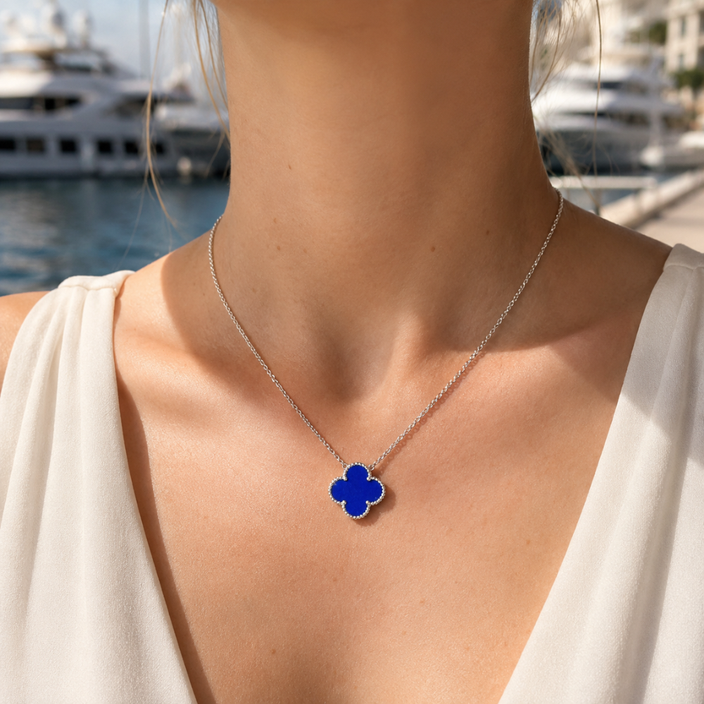 Blue Agate Clover Pendant Necklace