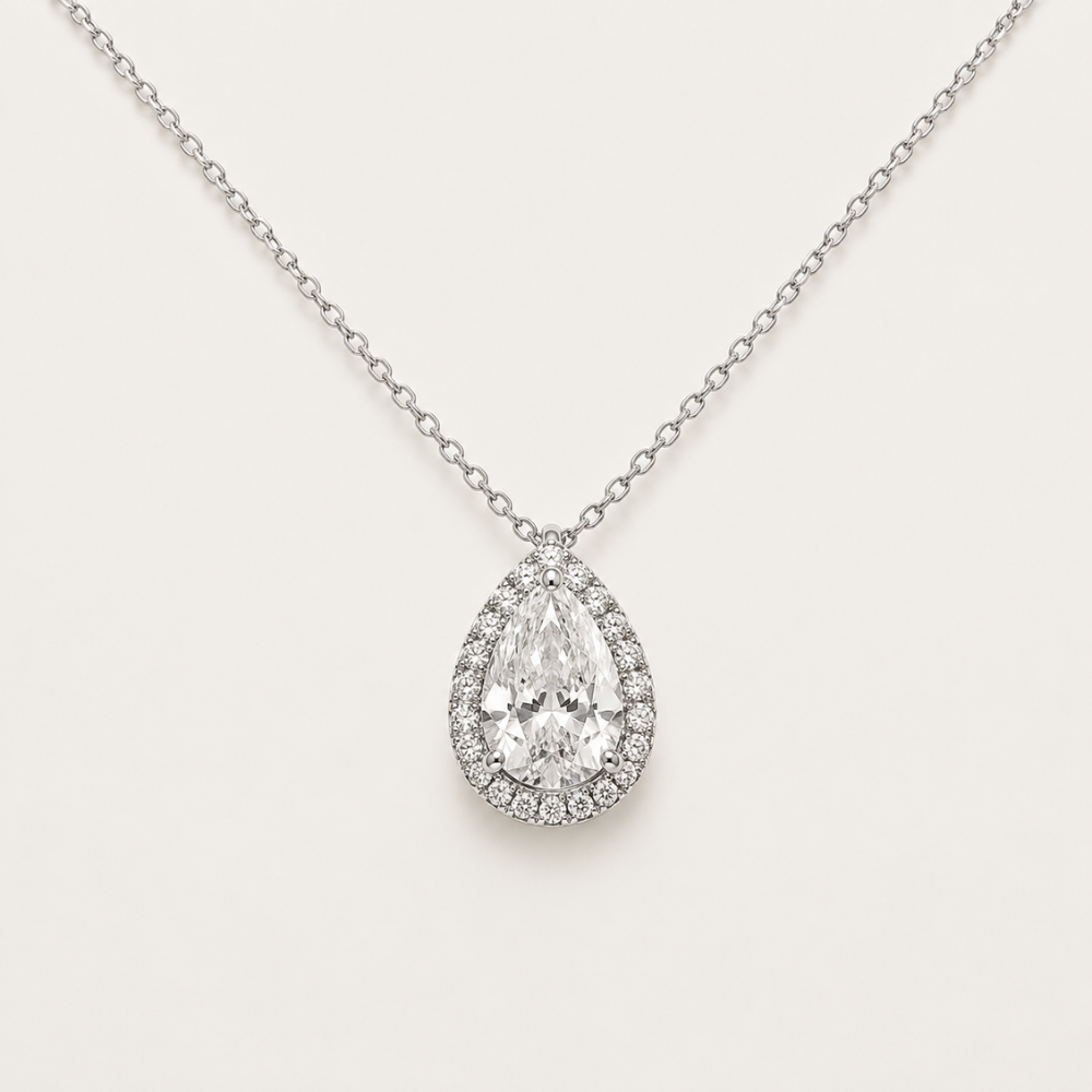 Pear-Cut Halo Pendant Necklace