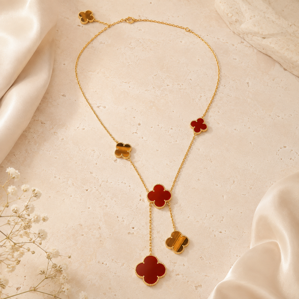 Carnelian & Tiger Eye Six-Motif Clover Necklace