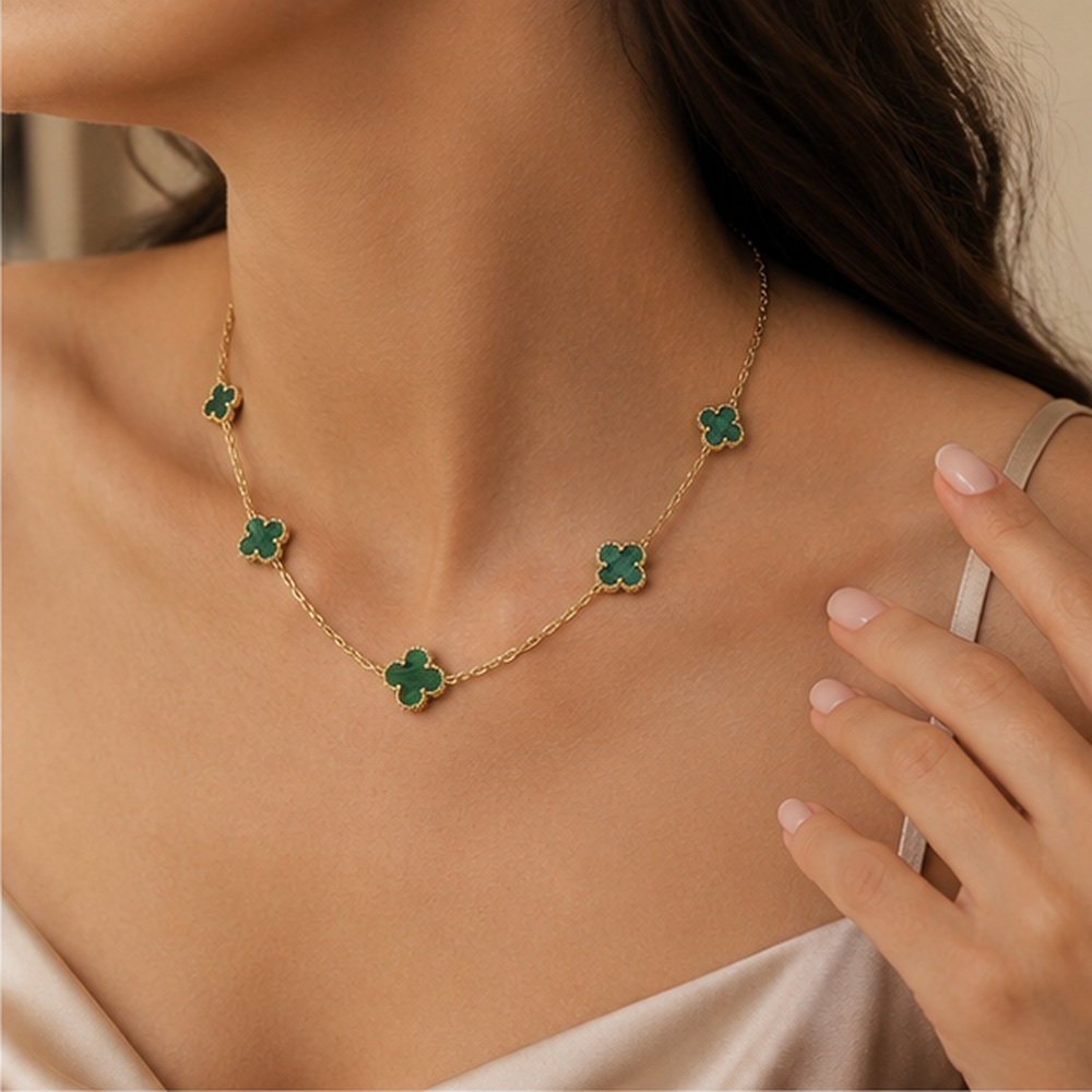 Vintage Alhambra Ten-Motif Malachite Clover Necklace