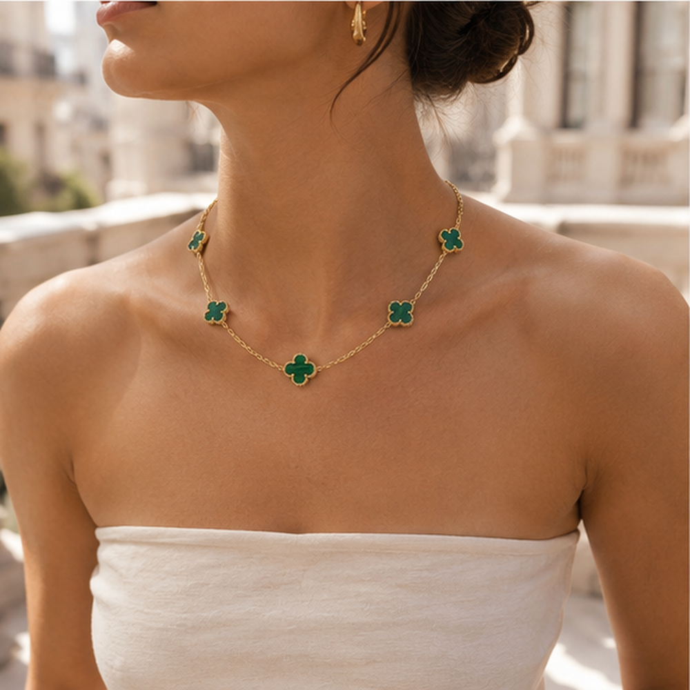 Vintage Alhambra Ten-Motif Malachite Clover Necklace