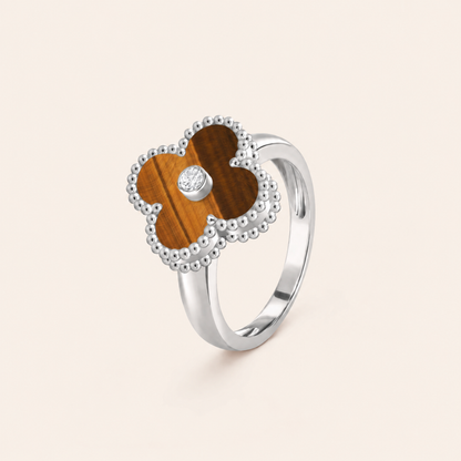 Tiger Eye Clover Ring with CZ Center