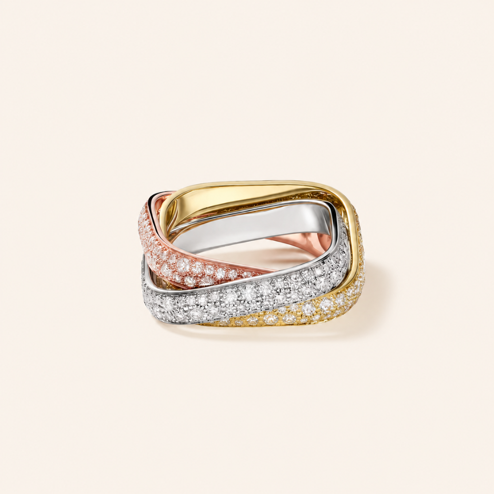 Tri-Color Pavé Interlocking Band Ring