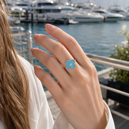 Turquoise Clover Ring with CZ Center