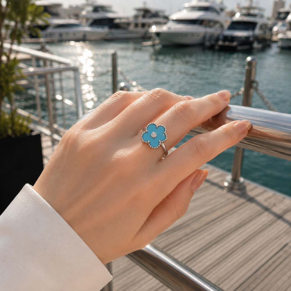Turquoise Clover Ring with CZ Center