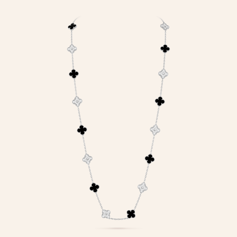 Twenty-Motif Black Onyx & Pavé Clover Long Necklace