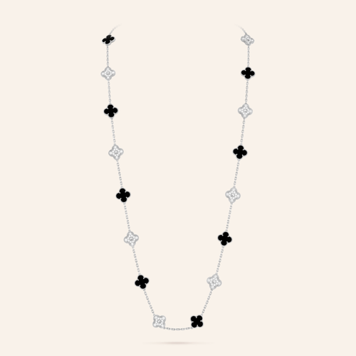 Twenty-Motif Black Onyx & Pavé Clover Long Necklace