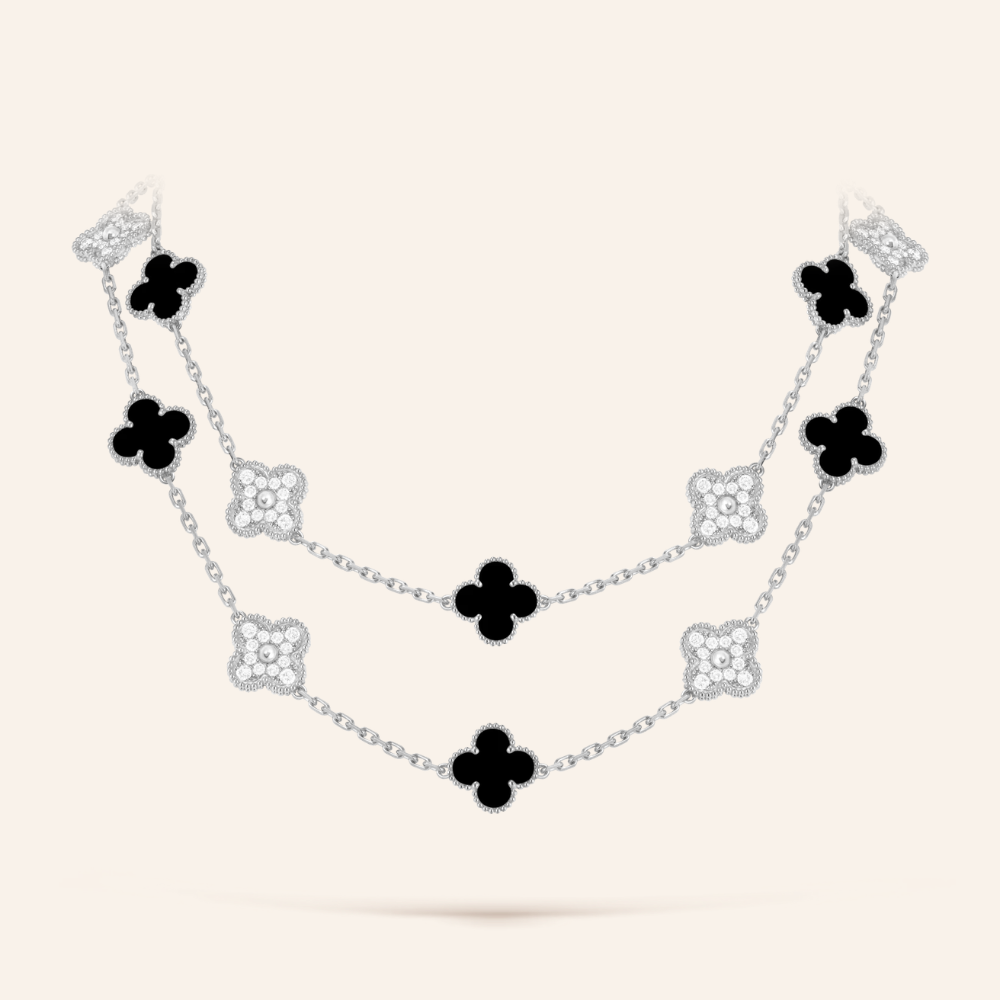 Twenty-Motif Black Onyx & Pavé Clover Long Necklace