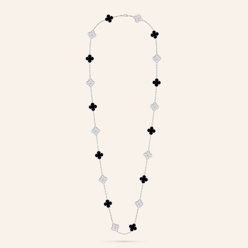 Twenty-Motif Black Onyx & Pavé Clover Long Necklace