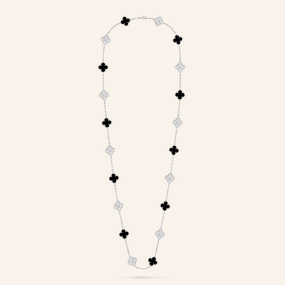 Twenty-Motif Black Onyx & Pavé Clover Long Necklace
