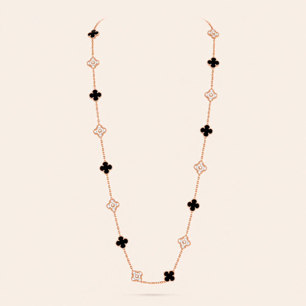 Twenty-Motif Black Onyx & Pavé Clover Long Necklace