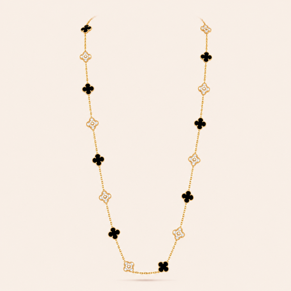 Twenty-Motif Black Onyx & Pavé Clover Long Necklace