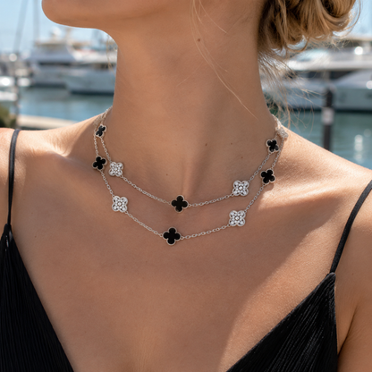 Twenty-Motif Black Onyx & Pavé Clover Long Necklace
