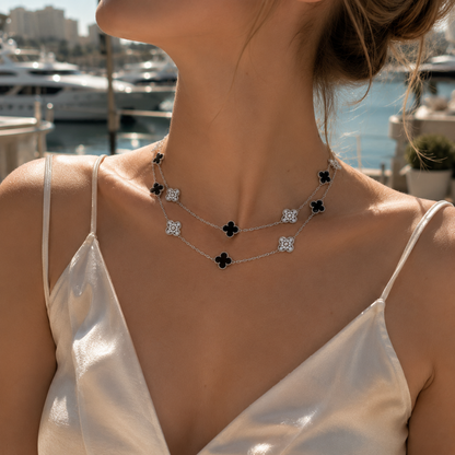 Twenty-Motif Black Onyx & Pavé Clover Long Necklace