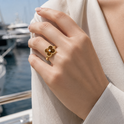 Tiger Eye Clover Ring with CZ Center