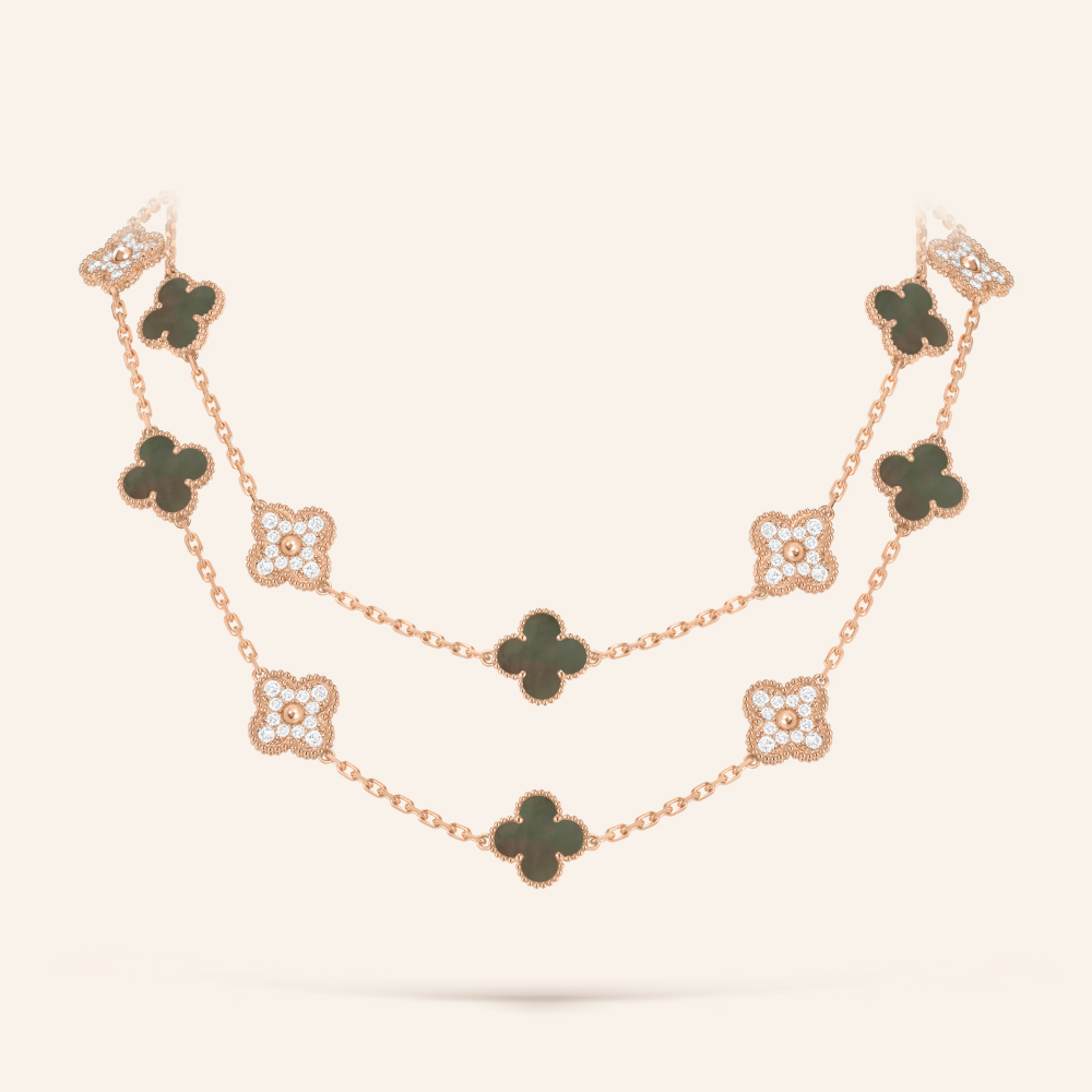 Twenty-Motif Gray Clover & Pavé Long Necklace
