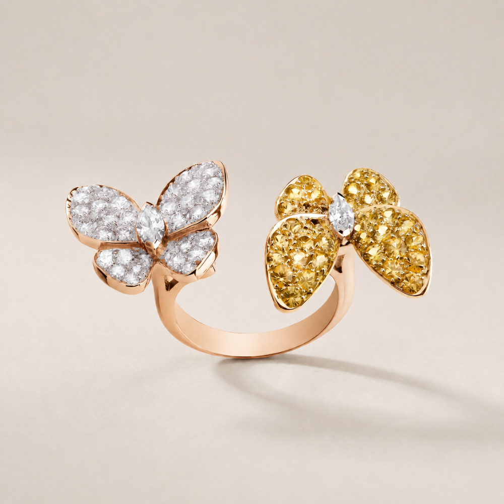 Two Butterfly Pavé Yellow Sapphire Ring