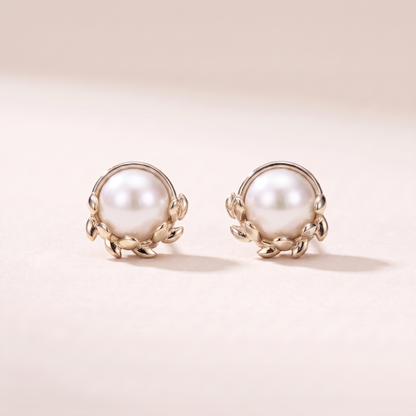 Olive Leaf Pearls Stud Earrings