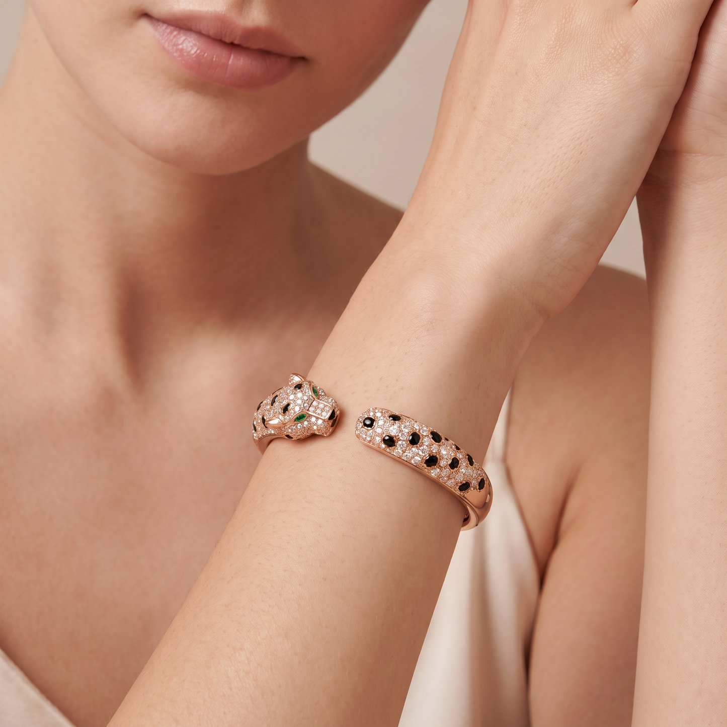Panthere Rose Pavé Diamonds Open Bangle Bracelet