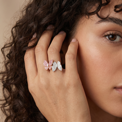 Two Butterfly Pavé Pink Sapphire Ring