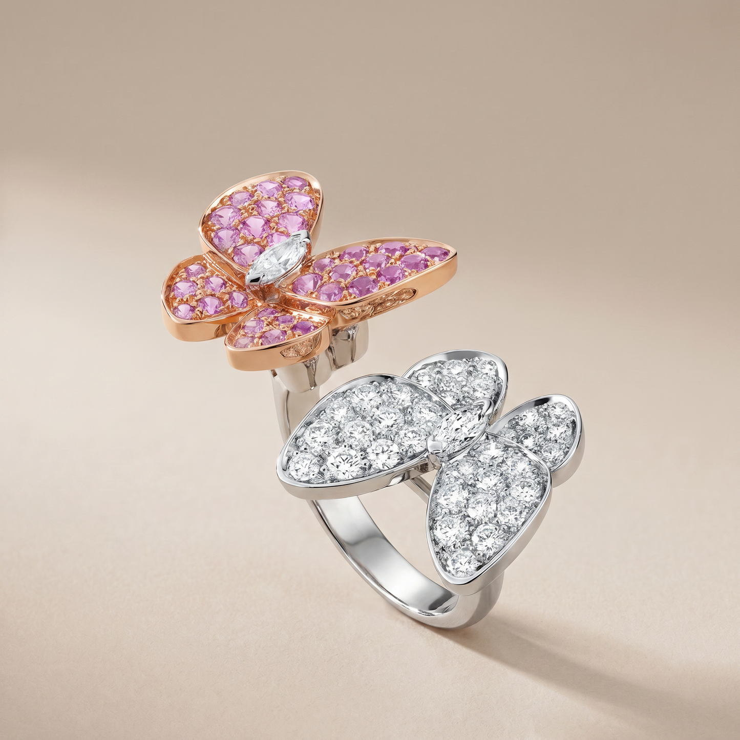 Two Butterfly Pavé Pink Sapphire Ring