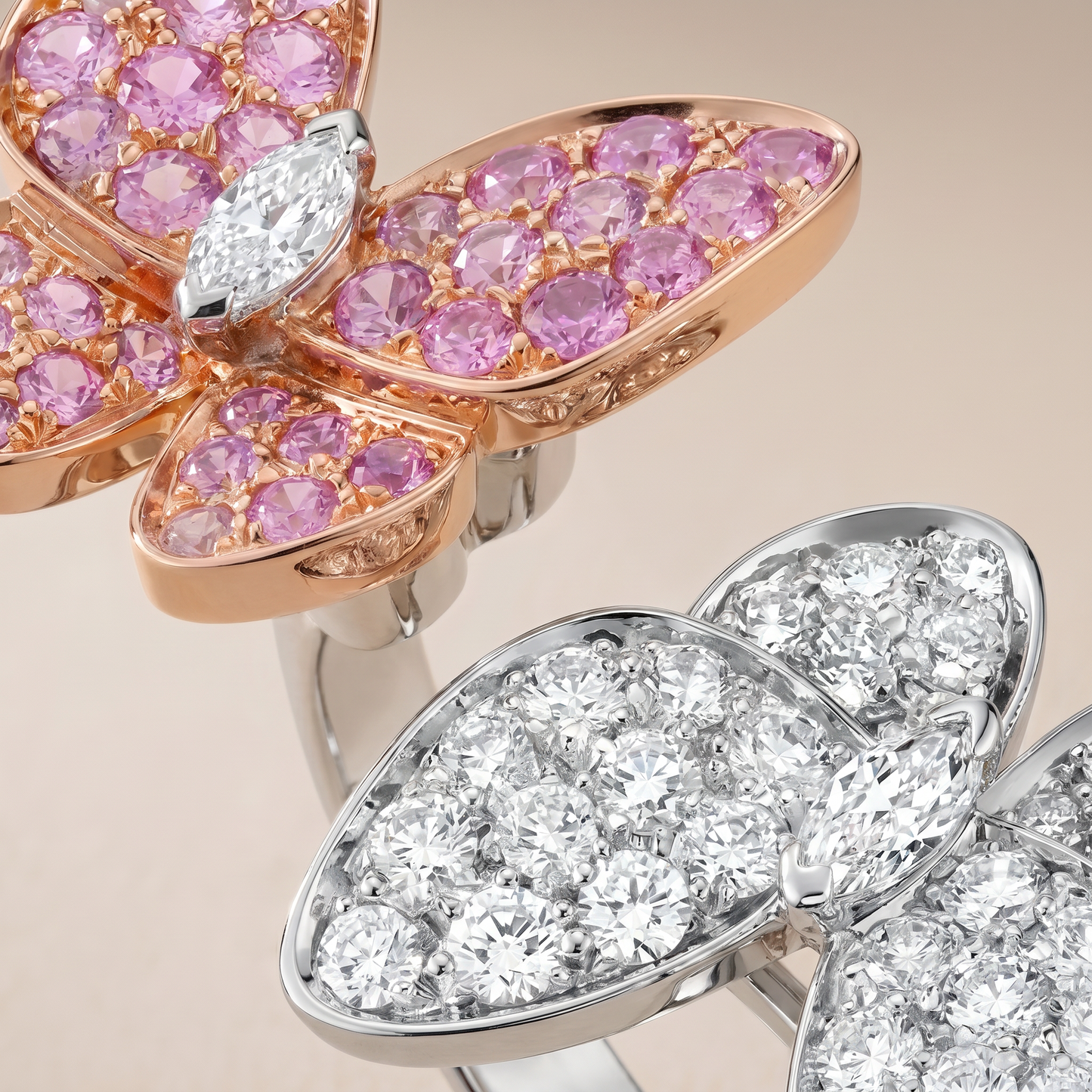 Two Butterfly Pavé Pink Sapphire Ring
