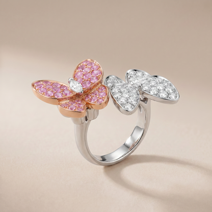 Two Butterfly Pavé Pink Sapphire Ring