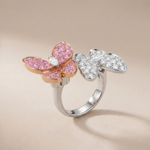 Two Butterfly Pavé Pink Sapphire Ring