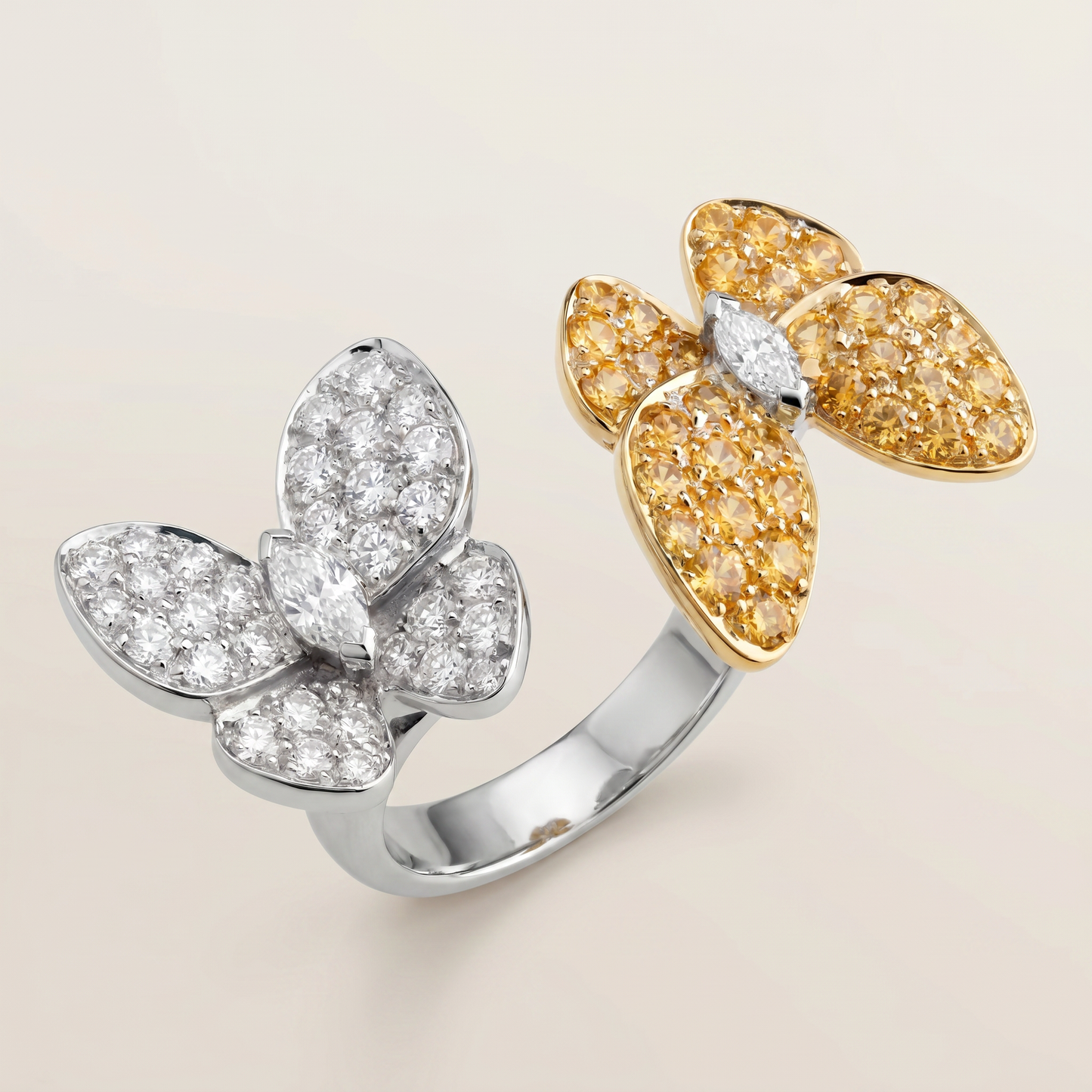 Two Butterfly Pavé Yellow Sapphire Ring