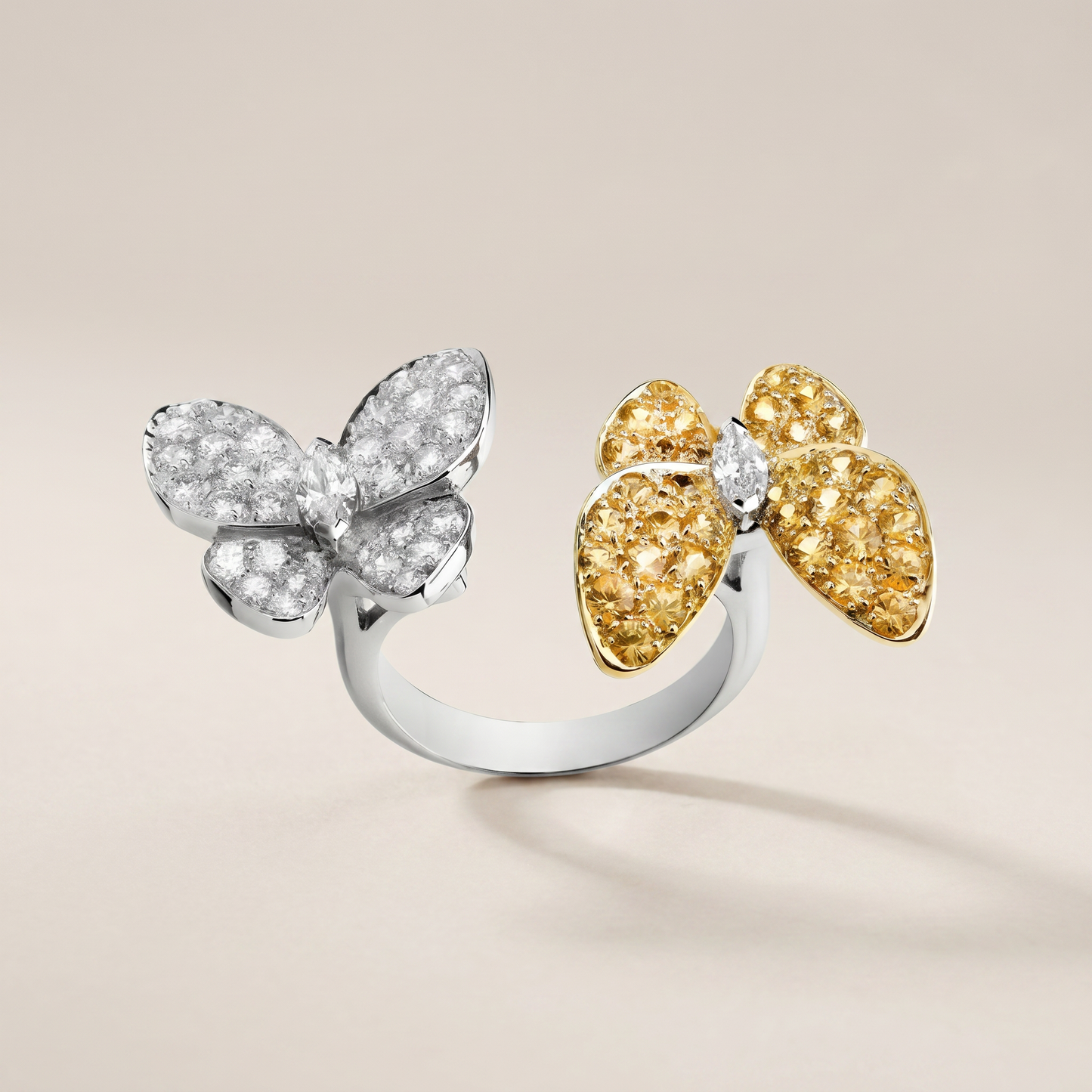 Two Butterfly Pavé Yellow Sapphire Ring