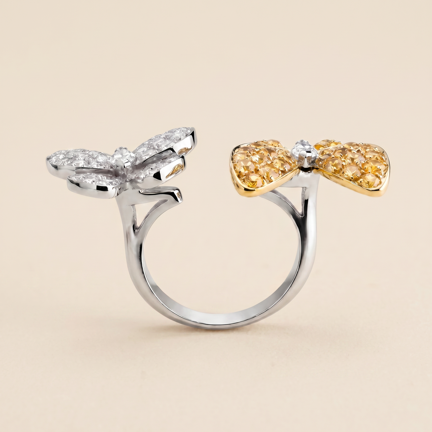Two Butterfly Pavé Yellow Sapphire Ring