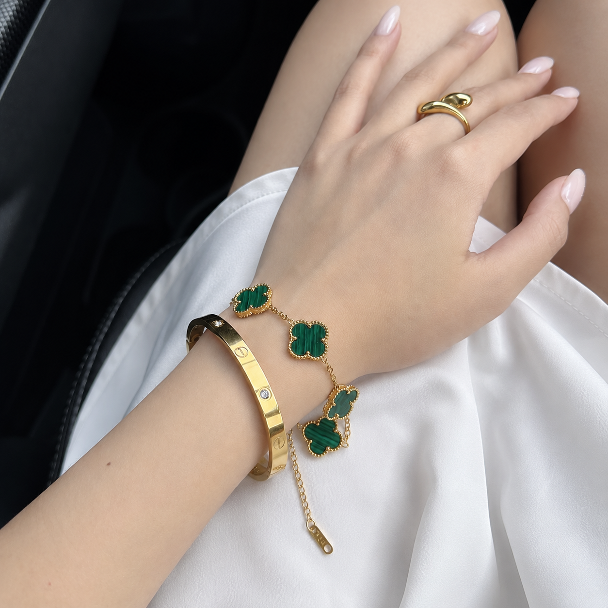 Vintage Five-Motif Malachite Clover Bracelet