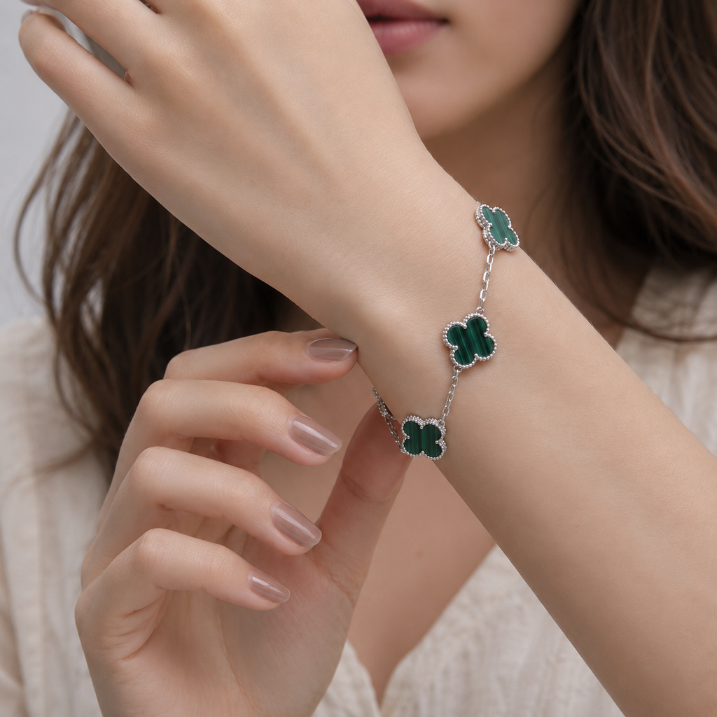 Vintage Five-Motif Malachite Clover Bracelet
