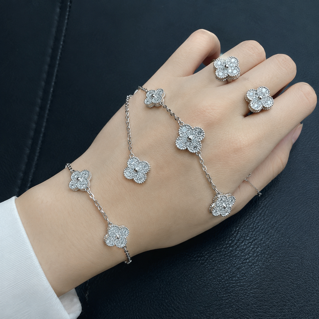 Vintage Five-Motif Pavé Clover Bracelet