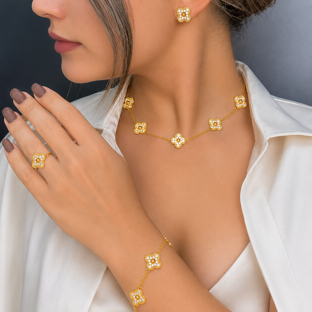 Vintage Five-Motif Pavé Clover Bracelet