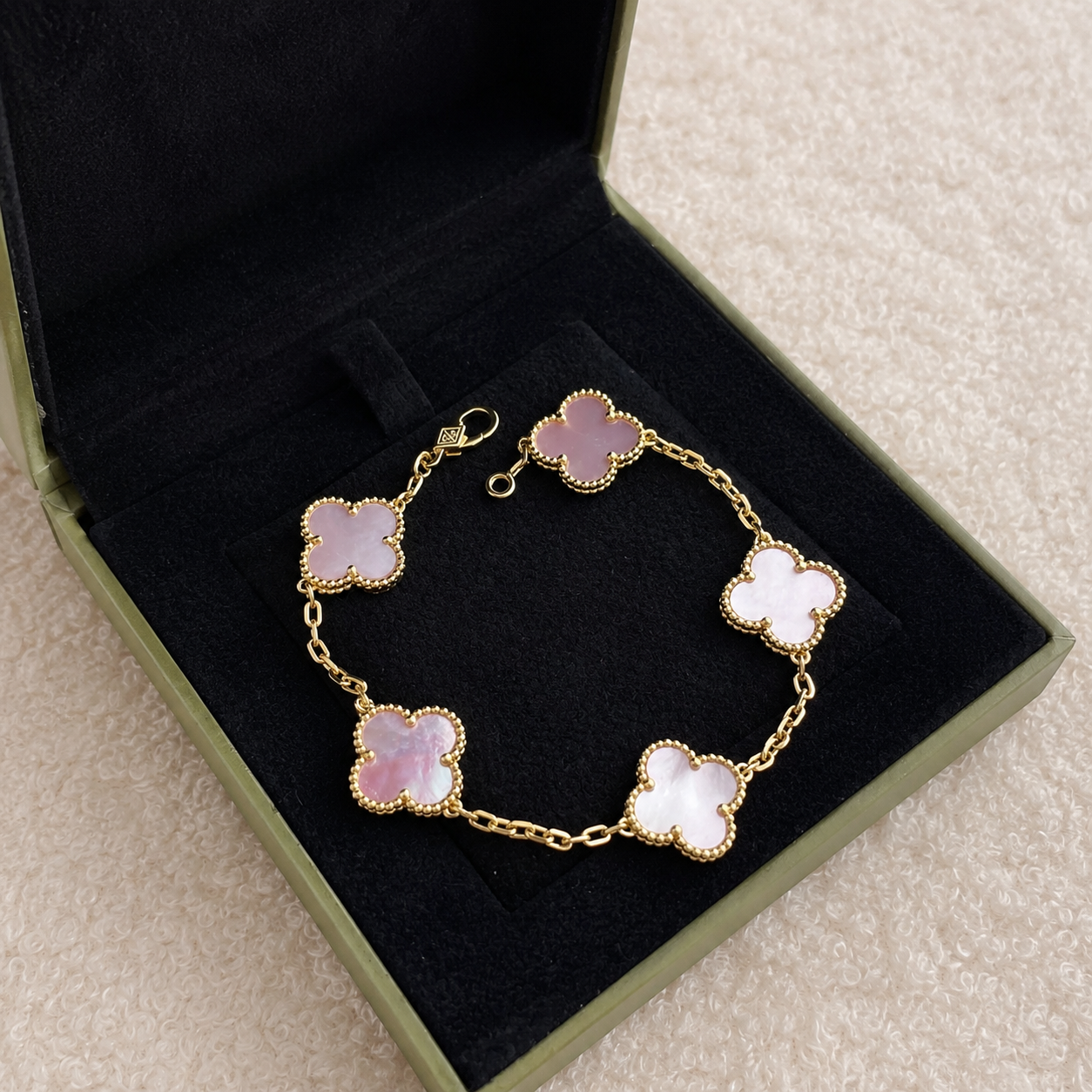 Vintage Five-Motif Pink Mother-of-Pearl Clover Bracelet